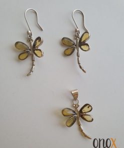 Juego de aretes y dije de ámbar claro libélulas