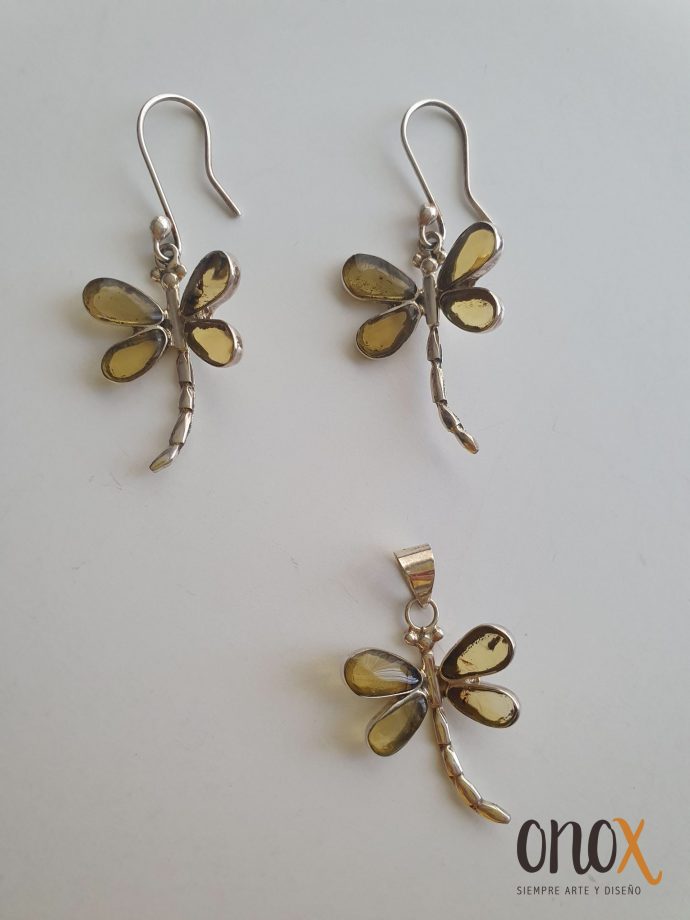 Juego de aretes y dije de ámbar claro libélulas