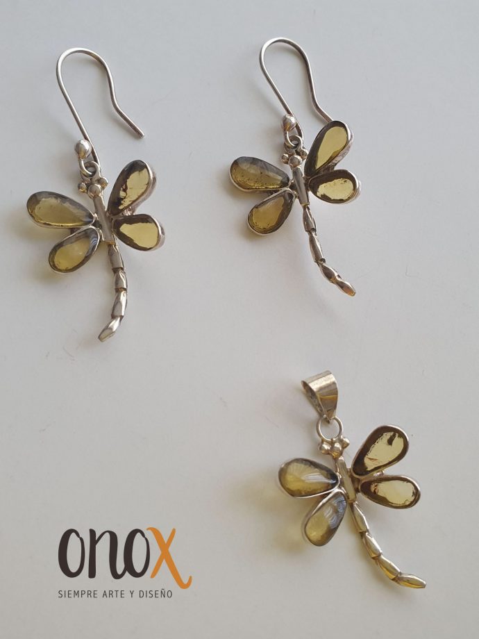 Juego de aretes y dije de ámbar claro libélulas - Imagen 2
