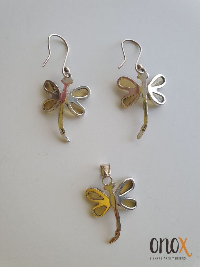 Juego de aretes y dije de ámbar claro libélulas - Imagen 3