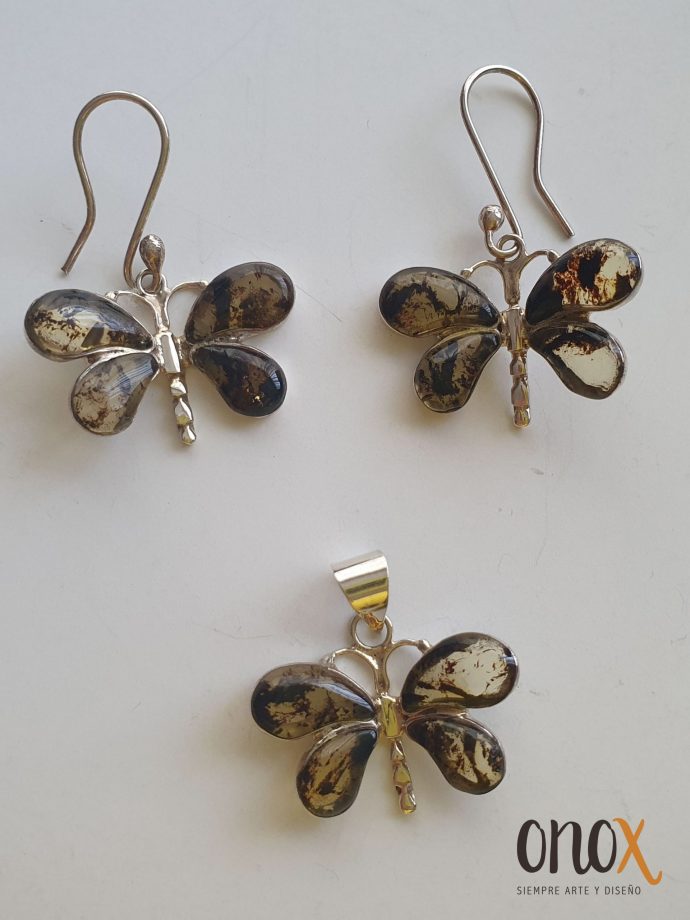 Juego de aretes y dije ámbar mariposas