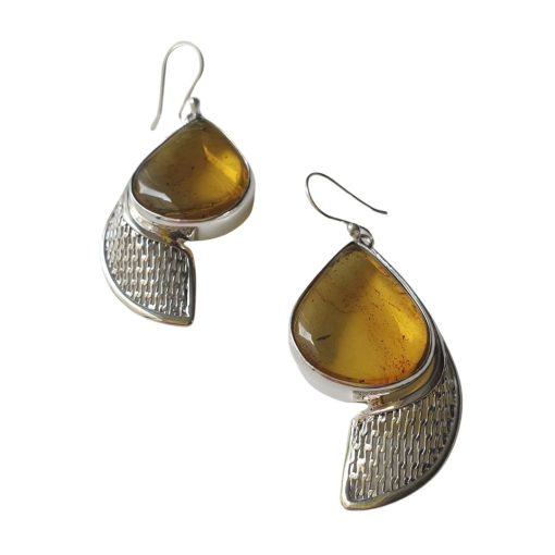 Aretes de ámbar gota caramelo modelo enjambre plata