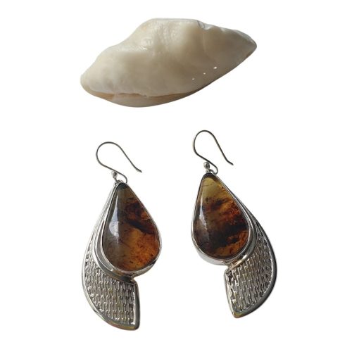 Aretes de ámbar gota jaspeados modelo enjambre plata - Imagen 8