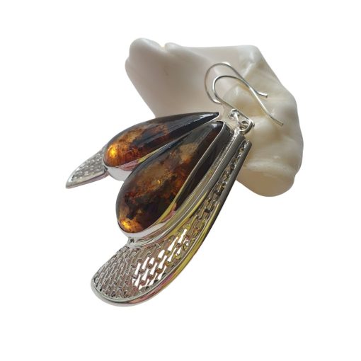 Aretes de ámbar gota jaspeados modelo enjambre plata - Imagen 6
