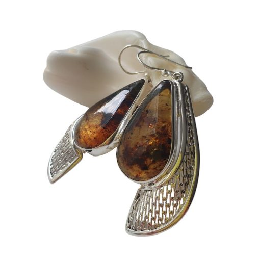 Aretes de ámbar gota jaspeados modelo enjambre plata - Imagen 5