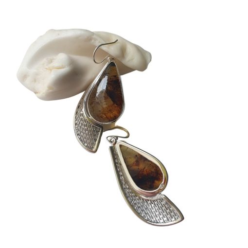 Aretes de ámbar gota jaspeados modelo enjambre plata - Imagen 4
