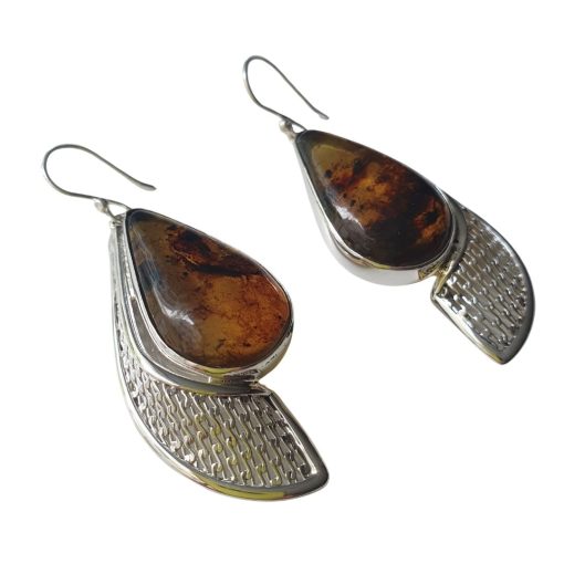 Aretes de ámbar gota jaspeados modelo enjambre plata