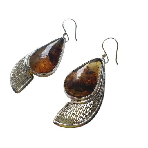 Aretes de ámbar gota jaspeados modelo enjambre plata - Imagen 2