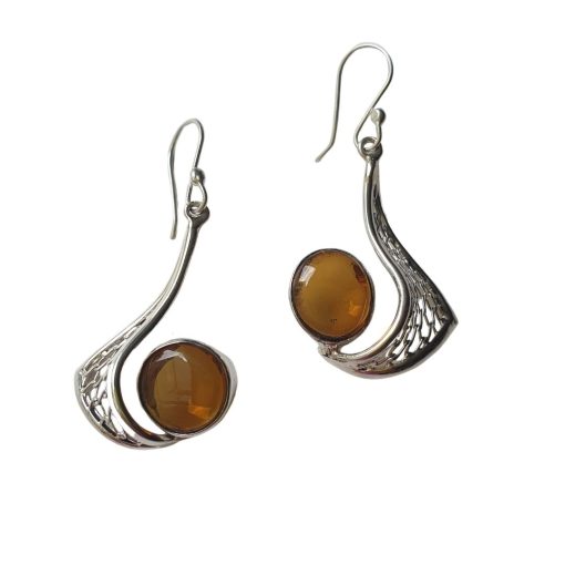 Aretes de ámbar color caramelo modelo enjambre plata