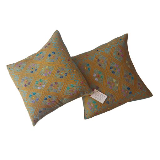 Par de fundas de cojines bordado tipo Larráinzar (ocre-turquesa)